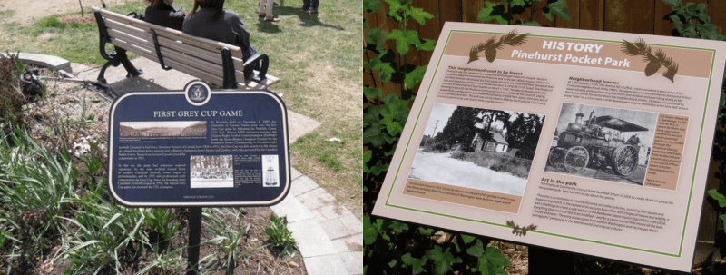 A set of two interpretive signage examples in park-like settings with historical information and photos detailing local history. 