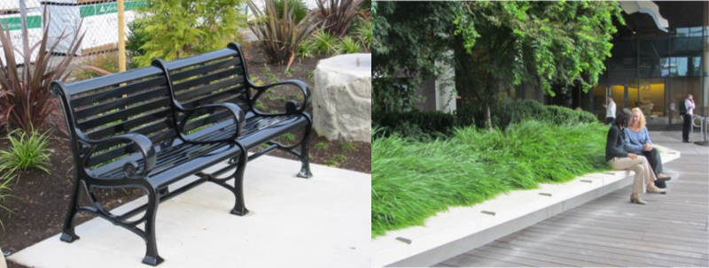 A set of two images of potential seating. The image to the left shows a metal bench along a landscaped garden. The image to the right shows raised concrete seating that is built into a retaining wall, with landscaped greenery behind it.